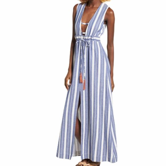 Tularosa Essie Blue Pattern Maxi Dress White Stripe Maxi Dress Size Small - Picture 1 of 12
